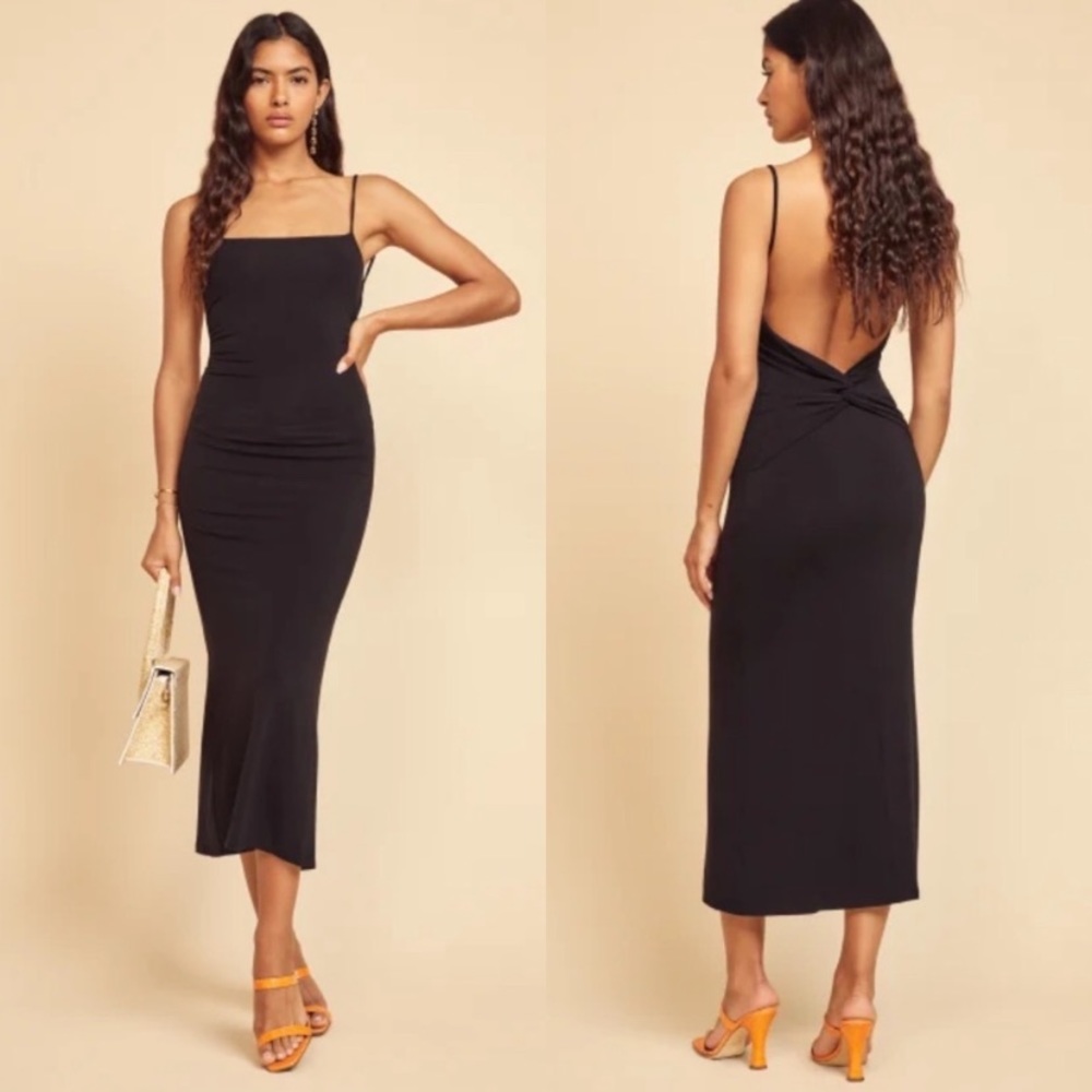 Reformation Hex black midi dress plunge twist back size XS